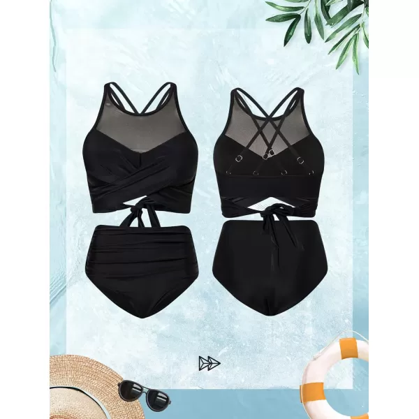 Yvette High Neck Bathing Suit for Women Tummy Control Crossed Back Swimsuit Adjustable Straps Mesh Bikini SetBlack