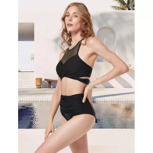Yvette High Neck Bathing Suit for Women Tummy Control Crossed Back Swimsuit Adjustable Straps Mesh Bikini SetBlack