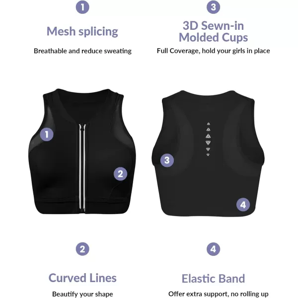 Yvette High Neck Zip Front Closure Sports Bras for Women High Support Mesh Racerback Running Bra Workout FitnessBlack
