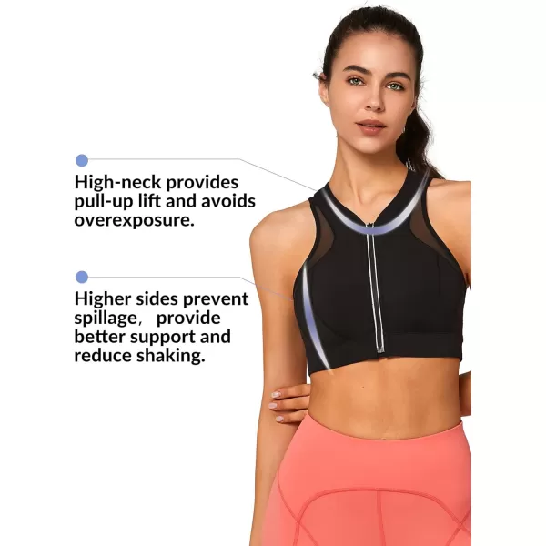 Yvette High Neck Zip Front Closure Sports Bras for Women High Support Mesh Racerback Running Bra Workout FitnessBlack