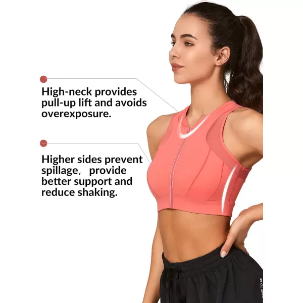 Yvette High Neck Zip Front Closure Sports Bras for Women High Support Mesh Racerback Running Bra Workout FitnessOrange