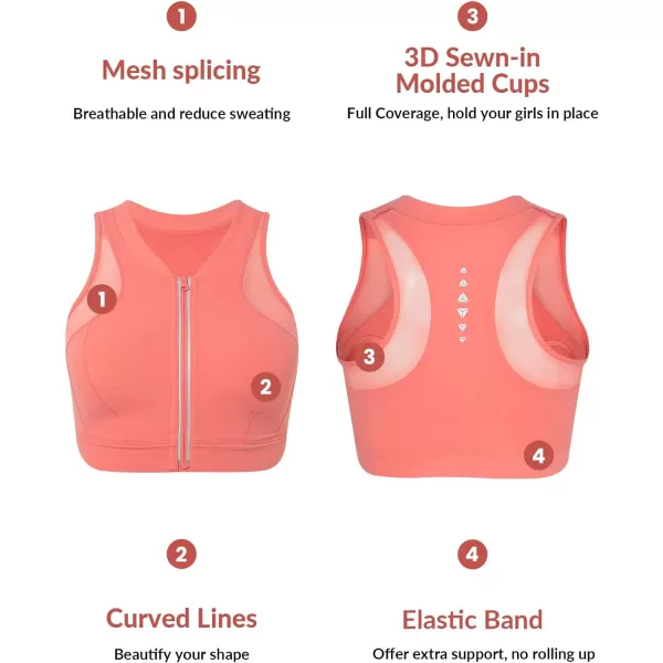 Yvette High Neck Zip Front Closure Sports Bras for Women High Support Mesh Racerback Running Bra Workout FitnessOrange