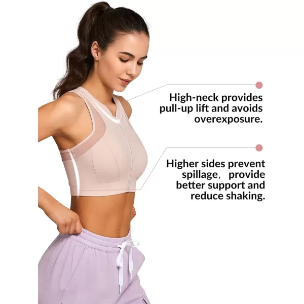 Yvette High Neck Zip Front Closure Sports Bras for Women High Support Mesh Racerback Running Bra Workout FitnessPink