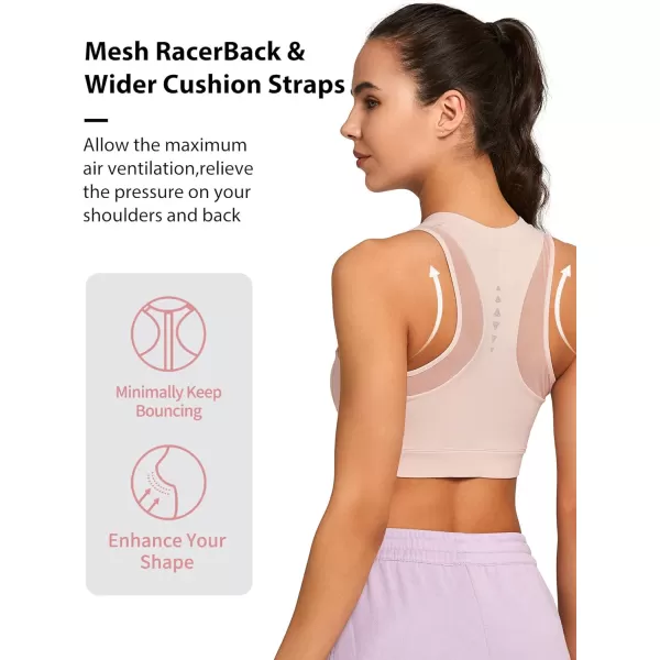 Yvette High Neck Zip Front Closure Sports Bras for Women High Support Mesh Racerback Running Bra Workout FitnessPink