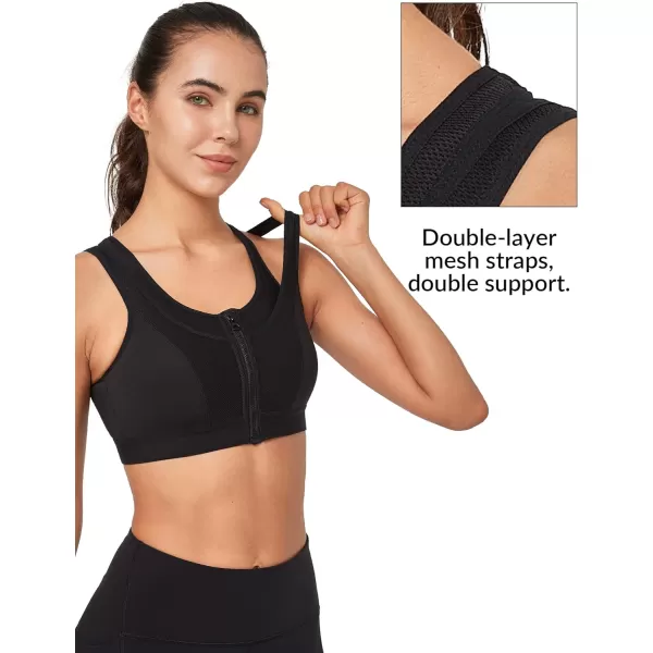 Yvette High Support Sports Bras for Women Double Deck Straps High Impact Mesh Zip Front Sports Bra for RunningBlack