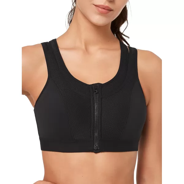 Yvette High Support Sports Bras for Women Double Deck Straps High Impact Mesh Zip Front Sports Bra for RunningBlack