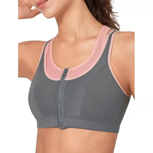 Yvette High Support Sports Bras for Women Double Deck Straps High Impact Mesh Zip Front Sports Bra for RunningGrey Pink