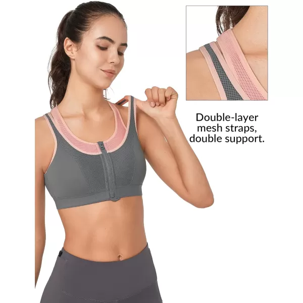Yvette High Support Sports Bras for Women Double Deck Straps High Impact Mesh Zip Front Sports Bra for RunningGrey Pink