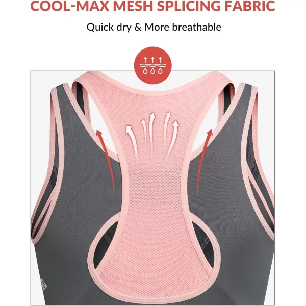 Yvette High Support Sports Bras for Women Double Deck Straps High Impact Mesh Zip Front Sports Bra for RunningGrey Pink