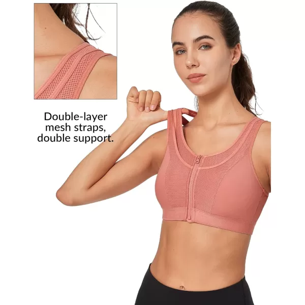 Yvette High Support Sports Bras for Women Double Deck Straps High Impact Mesh Zip Front Sports Bra for RunningRose Red