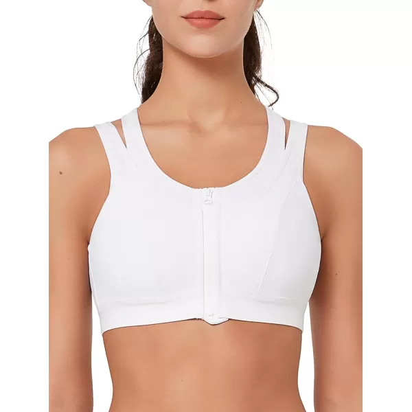 Yvette High Support Sports Bras for Women Double Deck Straps High Impact Mesh Zip Front Sports Bra for RunningWhite