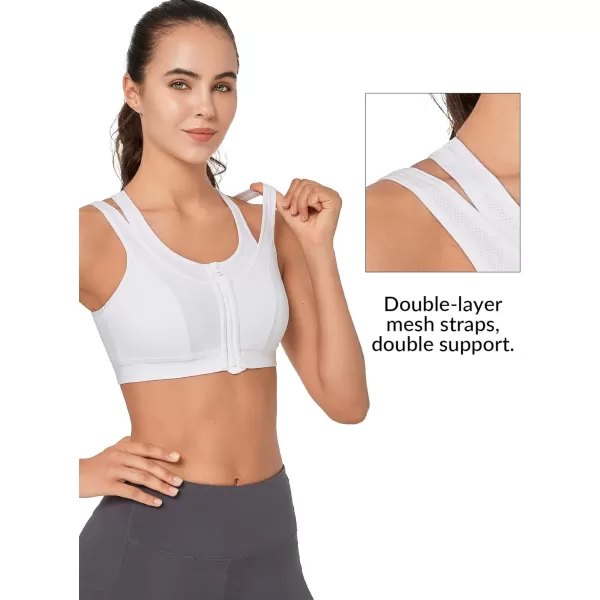 Yvette High Support Sports Bras for Women Double Deck Straps High Impact Mesh Zip Front Sports Bra for RunningWhite