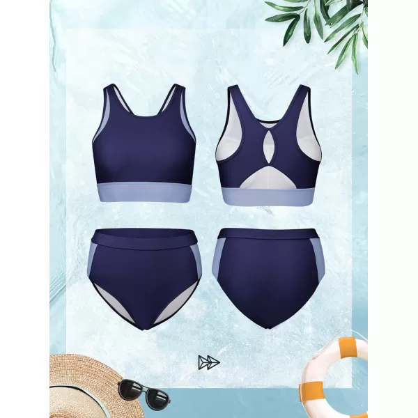 Yvette High Waisted Bikini Set 2 Piece Bathing Suit for Women Tummy Control Summer Swimwear BeachwearNavy Blue