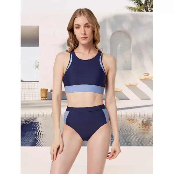 Yvette High Waisted Bikini Set 2 Piece Bathing Suit for Women Tummy Control Summer Swimwear BeachwearNavy Blue
