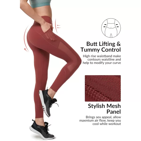 Yvette Leggings for Women with Pockets Butt Lift High Waisted Tummy Control Buttery Soft Mesh Panel Workout RunningStyle 2  Burgundy
