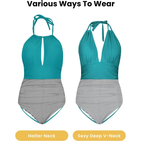 Yvette One Piece Swimsuit Women Tummy Control Ruched High Waisted Cutout Boho Bathing Suit MonokiniGreen  Stripes