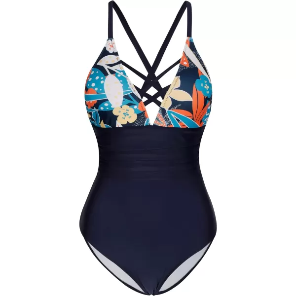 Yvette One Piece Swimsuit Women Tummy Control Ruched High Waisted Cutout Boho Bathing Suit MonokiniStyle 2navy