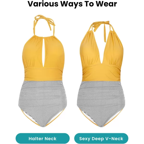 Yvette One Piece Swimsuit Women Tummy Control Ruched High Waisted Cutout Boho Bathing Suit MonokiniYellow  Stripes
