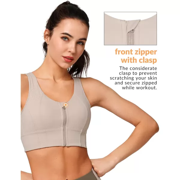 Yvette Open Back Zip Front Closure Sports Bras for Women High Impact Workout Fitness Running Bra for Large BustApricot