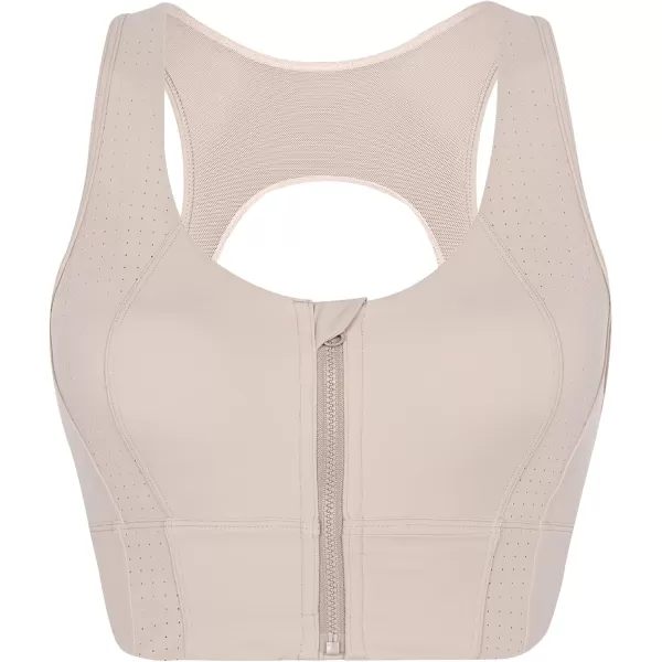 Yvette Open Back Zip Front Closure Sports Bras for Women High Impact Workout Fitness Running Bra for Large BustApricot