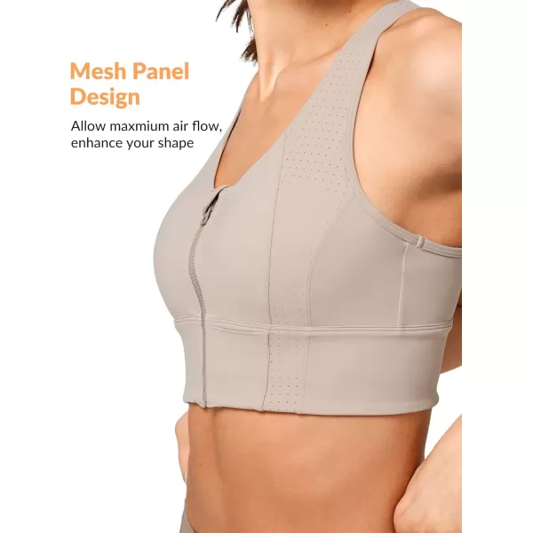 Yvette Open Back Zip Front Closure Sports Bras for Women High Impact Workout Fitness Running Bra for Large BustApricot