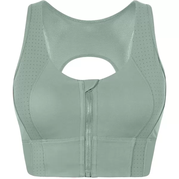 Yvette Open Back Zip Front Closure Sports Bras for Women High Impact Workout Fitness Running Bra for Large BustGreen