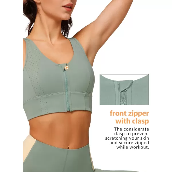 Yvette Open Back Zip Front Closure Sports Bras for Women High Impact Workout Fitness Running Bra for Large BustGreen