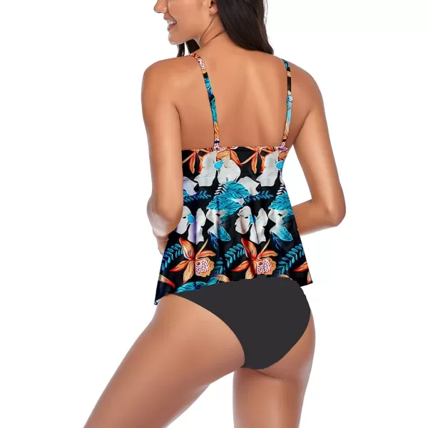 Yvette Peplum Two Piece Swimsuits for Women Tankini Sexy V Neck High Waisted Bathing Suit BottomsBlack  Floral Printed Top