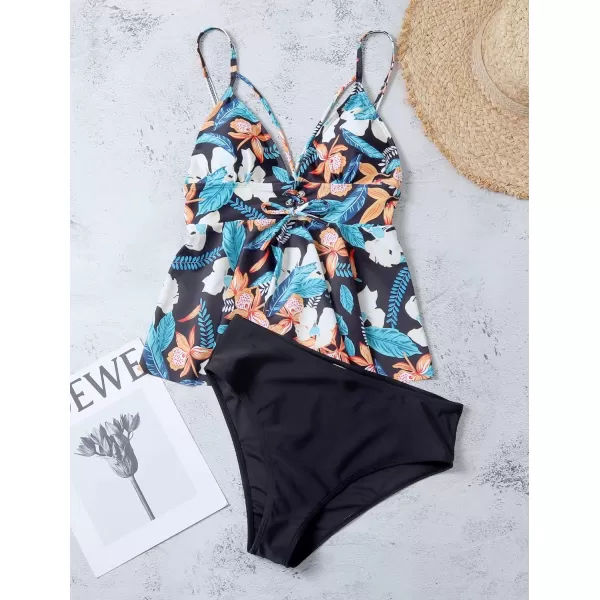 Yvette Peplum Two Piece Swimsuits for Women Tankini Sexy V Neck High Waisted Bathing Suit BottomsBlack  Floral Printed Top