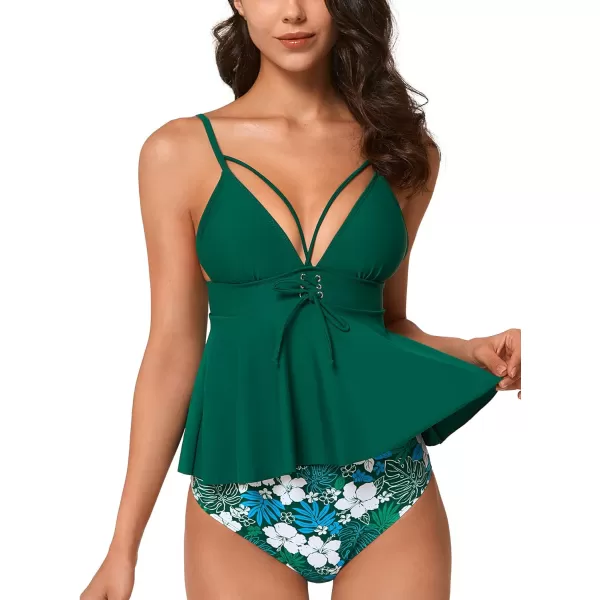 Yvette Peplum Two Piece Swimsuits for Women Tankini Sexy V Neck High Waisted Bathing Suit BottomsGreen  Floral Printed Bottom