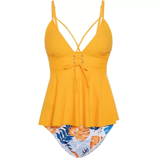 Yvette Peplum Two Piece Swimsuits for Women Tankini Sexy V Neck High Waisted Bathing Suit BottomsYellow  Floral Printed Bottom