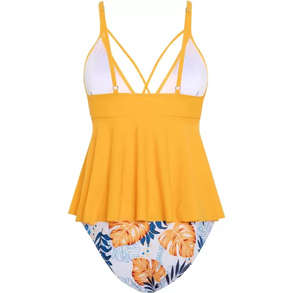 Yvette Peplum Two Piece Swimsuits for Women Tankini Sexy V Neck High Waisted Bathing Suit BottomsYellow  Floral Printed Bottom