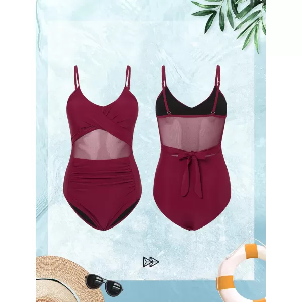 Yvette Sexy One Piece Bathing Suit for Women Tummy Control Twist Cross Spaghetti Strap SwimsuitRed