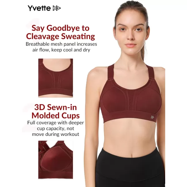 Yvette Sports Bra High Impact Adjustable Criss Cross Back Full Support for Large Bust No BounceBurgundy