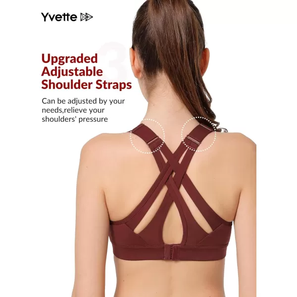 Yvette Sports Bra High Impact Adjustable Criss Cross Back Full Support for Large Bust No BounceBurgundy