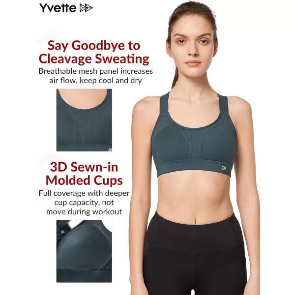 Yvette Sports Bra High Impact Adjustable Criss Cross Back Full Support for Large Bust No BounceHaze Blue
