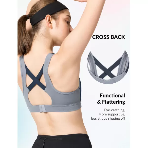 Yvette Sports Bra High Impact Womens 32A48DD Cross Back Push Up High Support Bra Plus SizeGrey