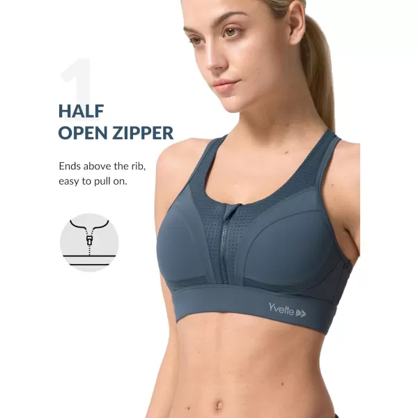 Yvette Sports Bras for Women High Impact Racerback Workout Bra for Running for Plus SizeHaze Blue  Half Open Zipper