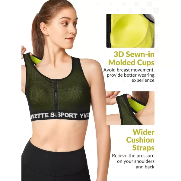 Yvette Sports Bras for Women High Ssupport Impact Large Bust Racerback Front Zip Sports Bra for Running WorkoutGreen