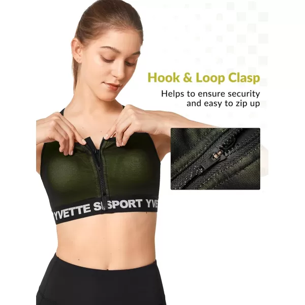 Yvette Sports Bras for Women High Ssupport Impact Large Bust Racerback Front Zip Sports Bra for Running WorkoutGreen