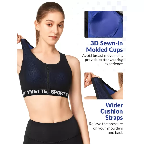 Yvette Sports Bras for Women High Ssupport Impact Large Bust Racerback Front Zip Sports Bra for Running WorkoutRoyal Blue