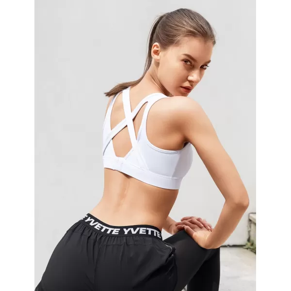 Yvette Sports Bras for Women High Support Sexy Criss Cross Back Design Workout FitnessWhite