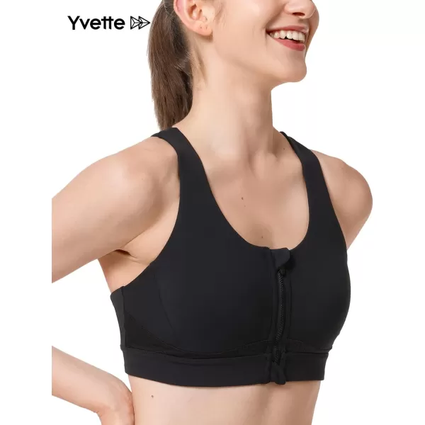 Yvette Strappy Zip Front Sports Bra High Impact Workout Bra for Running Spinning Dancing WomenBlack