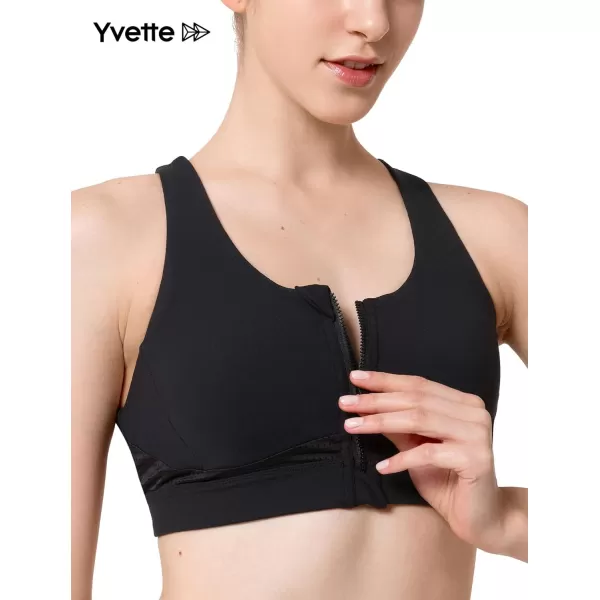 Yvette Strappy Zip Front Sports Bra High Impact Workout Bra for Running Spinning Dancing WomenBlack