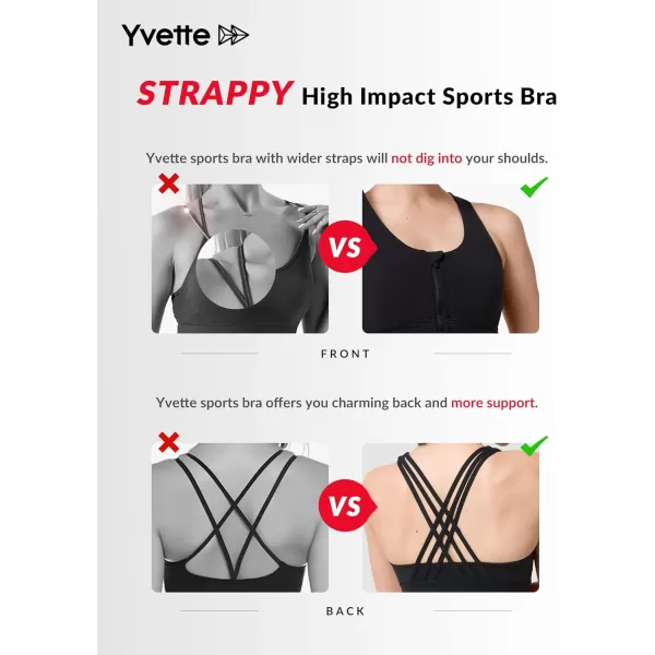 Yvette Strappy Zip Front Sports Bra High Impact Workout Bra for Running Spinning Dancing WomenBlack
