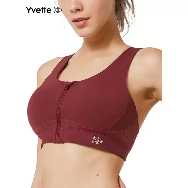 Yvette Strappy Zip Front Sports Bra High Impact Workout Bra for Running Spinning Dancing WomenBurgundy