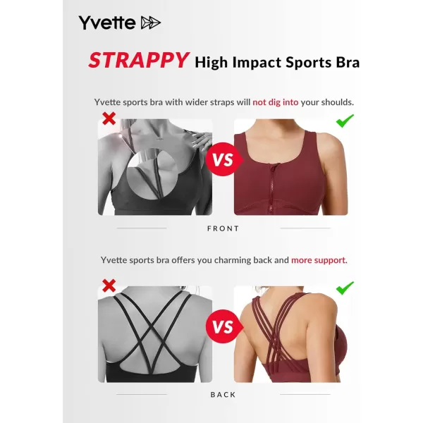 Yvette Strappy Zip Front Sports Bra High Impact Workout Bra for Running Spinning Dancing WomenBurgundy