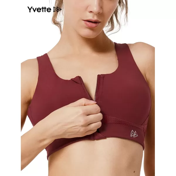 Yvette Strappy Zip Front Sports Bra High Impact Workout Bra for Running Spinning Dancing WomenBurgundy