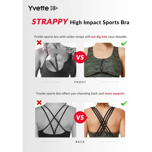 Yvette Strappy Zip Front Sports Bra High Impact Workout Bra for Running Spinning Dancing WomenGreen Printed