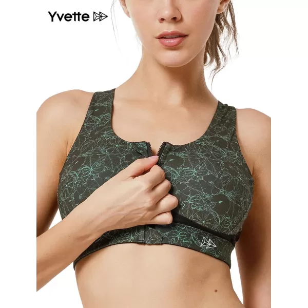 Yvette Strappy Zip Front Sports Bra High Impact Workout Bra for Running Spinning Dancing WomenGreen Printed